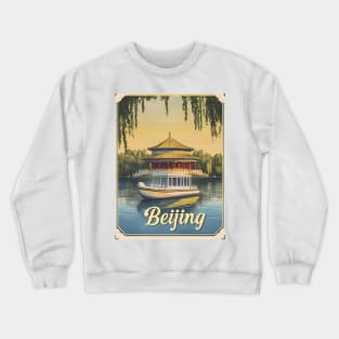 A picturesque poster showcases a classic view of Beijing with a boat gliding past a beautiful pavilion set against lush greenery and calm Crewneck Sweatshirt